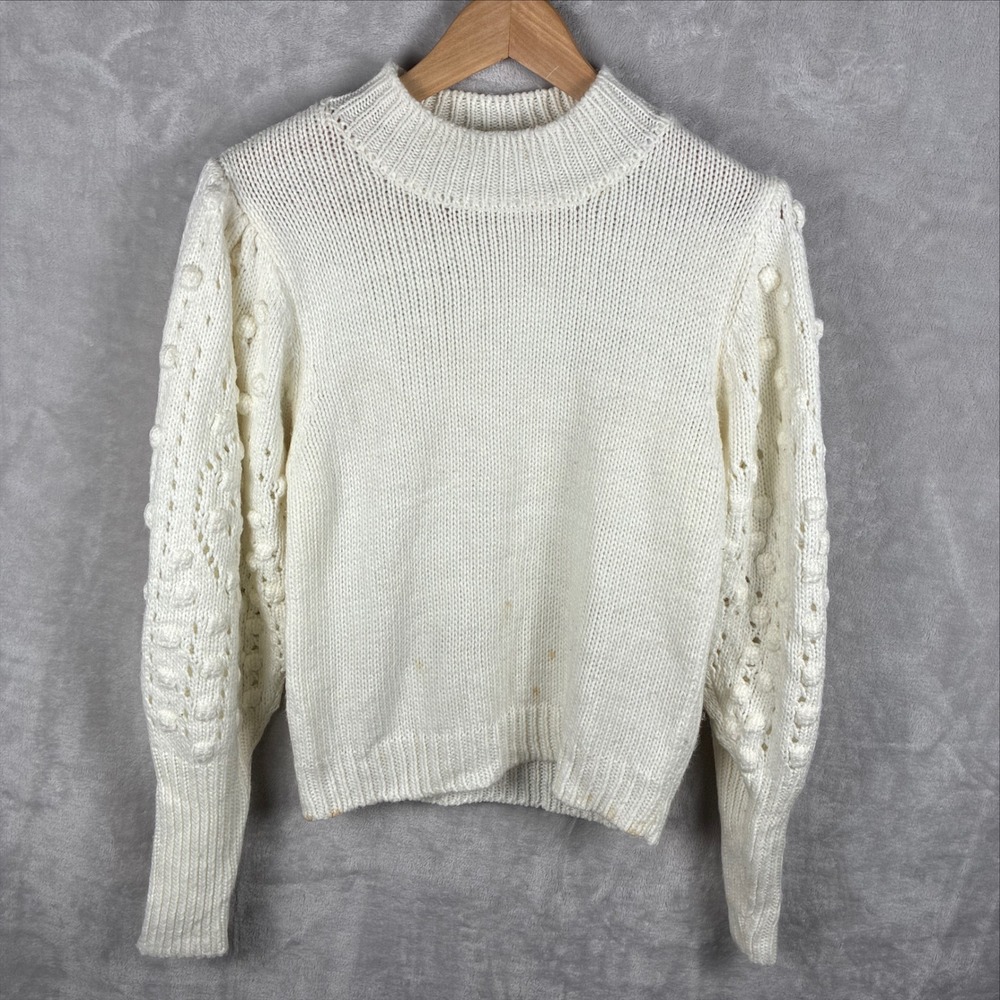 Q&A Vintage Style Cream Mock Neck Puff Sleeve Popcorn Knit Sweater Womens Size M